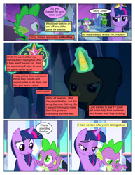 Size: 612x792 | Tagged: safe, artist:greatdinn, artist:newbiespud, edit, edited screencap, imported from derpibooru, screencap, spike, sunset shimmer, twilight sparkle, alicorn, dragon, pony, unicorn, comic:friendship is dragons, cloak, clothes, collaboration, comic, dialogue, element of magic, female, frown, glowing horn, horn, jewelry, looking down, magic, male, mare, screencap comic, telekinesis, tiara, twilight sparkle (alicorn), unicorn twilight, worried