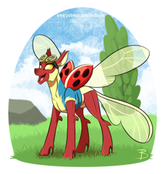 Size: 1514x1578 | Tagged: safe, artist:inuhoshi-to-darkpen, imported from derpibooru, oc, oc only, oc:coccinella, changedling, changeling, insect, ladybug, changedling oc, changeling oc, clothes, female, goggles, ladybug changeling, red changeling, simple background, solo, spread wings, transparent background, uniform, wings, wonderbolt trainee uniform