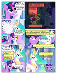 Size: 612x792 | Tagged: safe, artist:greatdinn, artist:newbiespud, edit, edited screencap, imported from derpibooru, screencap, princess celestia, sunset shimmer, twilight sparkle, alicorn, pony, unicorn, comic:friendship is dragons, collaboration, comic, dialogue, eyes closed, female, grin, jewelry, mare, peytral, raised hoof, saddle bag, screencap comic, smiling, tiara, twilight sparkle (alicorn)