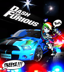 Size: 1761x1992 | Tagged: safe, artist:dan232323, imported from derpibooru, rainbow dash, equestria girls, car, crossover, dialogue, fast and furious, female, mustang, parody, police, shelby gt500 mustang, solo, speech bubble, the fast and the furious