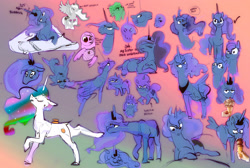 Size: 4472x3000 | Tagged: safe, artist:alumx, imported from derpibooru, princess cadance, princess celestia, princess luna, queen chrysalis, tiberius, alicorn, changeling, changeling queen, opossum, pony, baby, bust, female, food, hand, ice cream, mare, pillow, vulgar, younger