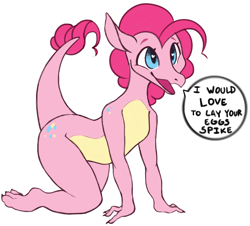 Size: 2450x2215 | Tagged: safe, artist:slimeprnicess, imported from derpibooru, pinkie pie, dragon, /mlp/, 4chan, dialogue, dragonified, drawthread, female, heart eyes, implied impregnation, implied pinkiespike, implied shipping, implied spike, implied straight, pinkiedragon, simple background, soliciting, solo, species swap, speech bubble, text, white background, wingding eyes