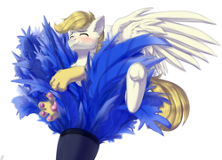 Size: 3424x2480 | Tagged: safe, artist:renka2802, imported from derpibooru, oc, oc:exist, original species, brushie, cute, duster, feather, griffequus, paws, tickling, wings