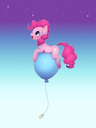 Size: 1024x1365 | Tagged: safe, artist:ayahana, imported from derpibooru, pinkie pie, earth pony, pony, balloon, cute, diapinkes, female, floating, gradient background, mare, open mouth, profile, prone, sky, solo, that pony sure does love balloons, then watch her balloons lift her up to the sky