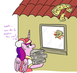 Size: 1072x1031 | Tagged: safe, artist:jargon scott, imported from derpibooru, princess cadance, alicorn, pony, baseball cap, breaking bad, cadance's pizza delivery, cap, clothes, dialogue, female, food, hat, house, mare, meat, peetzer, pepperoni, pepperoni pizza, pizza, pizza box, solo, window