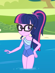 Size: 1536x2048 | Tagged: safe, artist:draymanor57, imported from derpibooru, sci-twi, twilight sparkle, equestria girls, clothes, female, glasses, lake, legs in the water, legs together, one-piece swimsuit, ponytail, solo, swimsuit