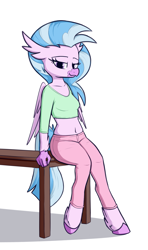 Size: 1920x3240 | Tagged: safe, artist:andelai, imported from derpibooru, silverstream, anthro, avian, classical hippogriff, hippogriff, unguligrade anthro, bedroom eyes, belly button, breasts, clothes, female, hooves, leaning back, looking at you, midriff, pants, purple eyes, shadow, short shirt, simple background, sitting, smiling, smiling at you, solo, table, tail, white background, wings