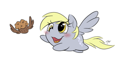 Size: 5500x3000 | Tagged: safe, artist:fakskis, imported from derpibooru, derpy hooves, pegasus, pony, 30 minute art challenge, 30minuteschallenge, blushing, chase, chibi, chubbie, cute, cutie mark, derpabetes, female, flying, food, muffin, open mouth, smol, solo, wings