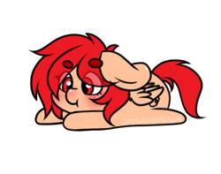 Size: 398x314 | Tagged: safe, artist:cottonsweets, imported from derpibooru, part of a set, oc, oc only, oc:ginger ferrochrome, pegasus, pony, :t, bean ych, blushing, chibi, cute, eye clipping through hair, lying down, red, simple background, solo, transparent background, ych result