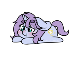 Size: 398x314 | Tagged: safe, artist:cottonsweets, imported from derpibooru, part of a set, oc, oc only, oc:swirly daze, oc:swirlydaze, pony, unicorn, :t, bean ych, blushing, chibi, cute, eye clipping through hair, lying down, simple background, solo, transparent background, ych result