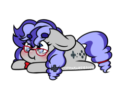 Size: 398x314 | Tagged: safe, artist:cottonsweets, imported from derpibooru, part of a set, oc, oc only, oc:cinnabyte, earth pony, pony, :t, bean ych, blushing, chibi, cinnabetes, cute, earth pony oc, eye clipping through hair, glasses, lying down, purple, simple background, solo, transparent background, ych result