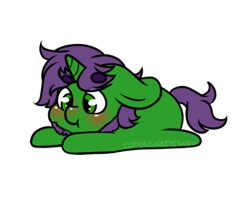 Size: 398x314 | Tagged: safe, artist:cottonsweets, imported from derpibooru, part of a set, oc, oc only, pony, unicorn, :t, beard, blushing, chibi, cute, eye clipping through hair, facial hair, green, lying down, purple, simple background, solo, transparent background, ych result