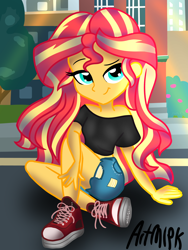 Size: 1536x2048 | Tagged: safe, artist:artmlpk, imported from derpibooru, sunset shimmer, equestria girls, alternate clothes, bare shoulders, casual, clothes, converse, cute, denim shorts, design, fashion style, female, house, looking at you, raised eyebrow, road, shimmerbetes, shirt, shoes, sidewalk, sitting, smiley face, smiling, smiling at you, smirk, sneakers, solo, tomboy, toy, tree