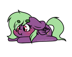 Size: 398x314 | Tagged: safe, artist:cottonsweets, imported from derpibooru, part of a set, oc, oc only, pegasus, pony, :t, bean ych, blushing, chibi, cute, eye clipping through hair, green, lying down, pink, purple, simple background, solo, transparent background, ych result