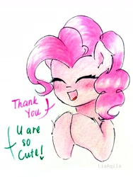 Size: 2005x2673 | Tagged: safe, artist:liaaqila, imported from derpibooru, part of a set, pinkie pie, earth pony, pony, blushing, bust, cute, dialogue, diapinkes, eyes closed, female, simple background, smiling, solo, traditional art