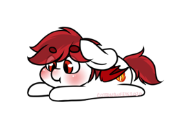 Size: 398x314 | Tagged: safe, artist:cottonsweets, imported from derpibooru, part of a set, oc, oc only, bat pony, pony, :t, bean ych, blushing, chibi, cute, eye clipping through hair, fire, lying down, red, simple background, solo, transparent background, white, ych result