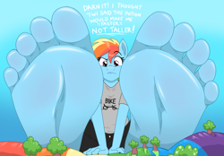 Size: 1221x848 | Tagged: safe, artist:caroo, imported from derpibooru, rainbow dash, anthro, plantigrade anthro, barefoot, clothes, dialogue, feet, female, fetish, foot fetish, foot focus, giant rainbow dash, hill, macro, mega/giant rainbow dash, raised eyebrow, shirt, sitting, soles, solo, tree