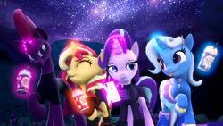 Size: 3840x2160 | Tagged: safe, artist:loveslove, imported from derpibooru, starlight glimmer, sunset shimmer, tempest shadow, trixie, 3d, cellphone, clothes, drink, eyes closed, group, levitation, magic, one hoof raised, phone, quartet, raised hoof, source filmmaker, stars, telekinesis, tongue out, walking