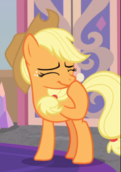 Size: 598x846 | Tagged: safe, imported from derpibooru, screencap, applejack, earth pony, pony, the mean 6, amused, applejack's hat, cowboy hat, cropped, cute, eyes closed, female, freckles, giggling, hat, jackabetes, mare, raised hoof, solo