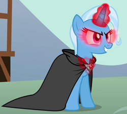 Size: 682x614 | Tagged: safe, imported from derpibooru, trixie, pony, unicorn, magic duel, alicorn amulet, cloak, clothes, controlled, corrupted, cropped, dark magic, evil grin, female, glowing eyes, glowing horn, grin, horn, magic, mare, red eyes, smiling