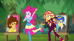 Size: 1920x1080 | Tagged: safe, edit, imported from derpibooru, cheese sandwich, flash sentry, pinkie pie, sunset shimmer, equestria girls, equestria girls series, sunset's backstage pass!, spoiler:eqg series (season 2), cheesepie, female, flashimmer, geode of empathy, geode of sugar bombs, magical geodes, male, music festival outfit, shipping, shoes, sneakers, straight