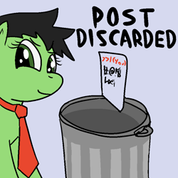 Size: 800x800 | Tagged: safe, artist:anonymous, imported from derpibooru, oc, oc only, oc:filly anon, earth pony, pony, (you), /mlp/, drawthread, female, filly, into the trash it goes, meme, necktie, ponified, smiling, smirk, solo, trash can