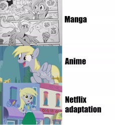 Size: 1770x1932 | Tagged: safe, edit, edited screencap, imported from derpibooru, screencap, seven seas, derpy hooves, pony, equestria girls, my little pony: the manga, slice of life (episode), female, manga, mare, meme, netflix, netflix adaptation, smiling, text