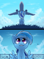 Size: 1200x1600 | Tagged: safe, artist:ravistdash, derpibooru exclusive, imported from derpibooru, oc, oc only, oc:ravist, pegasus, pony, comic:about me, cloud, female, filly, looking up, plane, sky, smiling, solo