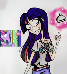 Size: 2445x2689 | Tagged: safe, artist:citi, imported from derpibooru, screencap, twilight sparkle, alicorn, human, a trivial pursuit, clothes, female, humanized, magic, magic aura, marker drawing, pants, scene interpretation, screencap reference, shirt, solo, t-shirt, telekinesis, traditional art, twilight sparkle (alicorn), woman