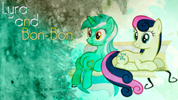 Size: 1920x1080 | Tagged: safe, artist:bluedragonhans, imported from derpibooru, bon bon, lyra heartstrings, sweetie drops, earth pony, pony, unicorn, abstract background, bench, duo, duo female, female, mare, prone, sitting, sitting lyra, wallpaper