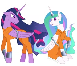 Size: 1280x1084 | Tagged: safe, artist:enigmadoodles, imported from derpibooru, princess celestia, twilight sparkle, alicorn, pony, the last problem, bound wings, clothes, cuffs, female, horn, horn ring, magic suppression, mare, princess twilight 2.0, prison outfit, prisoner, prisoner ts, simple background, twilight sparkle (alicorn), white background, wings