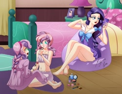 Size: 1280x989 | Tagged: safe, artist:shinta-girl, imported from derpibooru, rarity, sweetie belle, oc, oc:golden sheen, human, equestria girls, barefoot, bed, belly button, cellphone, clothes, crossdressing, feet, female, human coloration, humanized, makeup, male, midriff, nail polish, phone, skirt, slumber party, toenail polish, upskirt