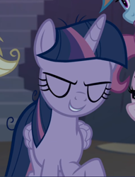 Size: 622x813 | Tagged: safe, imported from derpibooru, screencap, mean twilight sparkle, twilight sparkle, alicorn, the mean 6, clone, cropped, evil grin, eyes closed, female, grin, offscreen character, raised hoof, smiling, solo focus, twilight sparkle (alicorn)