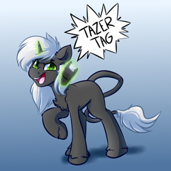 Size: 4000x4000 | Tagged: safe, artist:witchtaunter, imported from derpibooru, oc, oc only, pony, unicorn, absurd resolution, commission, gradient background, long tail, magic, solo, speech bubble, stun gun, taser, telekinesis, this will end in pain