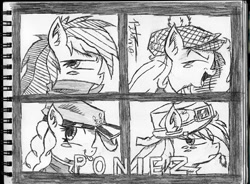 Size: 960x706 | Tagged: safe, artist:petanoprime, imported from derpibooru, applejack, fluttershy, pinkie pie, rainbow dash, earth pony, pegasus, pony, album cover, bust, clothes, demon days, female, freckles, gorillaz, hat, mare, monochrome, notepad, open mouth, parody, signature, straw in mouth, text, traditional art