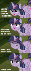 Size: 1280x2872 | Tagged: safe, edit, edited screencap, imported from derpibooru, screencap, mean twilight sparkle, pony, the mean 6, caption, cropped, evil grin, eyes closed, female, grin, image macro, kubrick stare, lidded eyes, meme, open mouth, pure unfiltered evil, sinister, smiling, solo, text