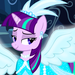 Size: 1000x1000 | Tagged: safe, artist:dharthez, artist:katya, edit, imported from derpibooru, starlight glimmer, pony, unicorn, clothes, dress, female, glow, glowing, solo, wings