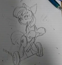 Size: 1080x1133 | Tagged: safe, artist:omegapony16, imported from derpibooru, apple bloom, earth pony, pony, bipedal, bow, cutie mark, female, filly, hair bow, lined paper, looking back, pencil, photo, segway, solo, the cmc's cutie marks, traditional art