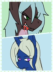 Size: 1440x1921 | Tagged: safe, artist:omegapony16, imported from derpibooru, oc, oc only, oc:oriponi, dracony, dragon, hybrid, pony, unicorn, blood, bust, duo, eye clipping through hair, fangs, female, grin, horn, male, mare, smiling, stallion, unicorn oc