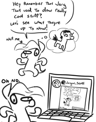 Size: 608x773 | Tagged: safe, artist:jargon scott, edit, editor:reb4ham, imported from derpibooru, oc, pony, comic, computer, dialogue, monochrome, oh no, recursion, role reversal, sketch, subverted meme, thought bubble