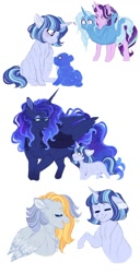 Size: 1024x1999 | Tagged: safe, artist:azure-art-wave, imported from derpibooru, princess luna, starlight glimmer, trixie, oc, oc:lullaby, oc:oslo, oc:pillowtalk lovestruck, bear, pegasus, pony, unicorn, ursa, ursa minor, female, filly, magical lesbian spawn, mare, offspring, parent:derpy hooves, parent:honey lemon, parent:starlight glimmer, parent:trixie, parents:startrix, scared, simple background, ursa minimus, white background