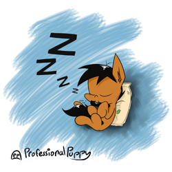 Size: 2000x2000 | Tagged: safe, artist:professionalpuppy, imported from derpibooru, oc, oc only, oc:puppy, earth pony, pony, breaking the fourth wall, eyes closed, male, nom, onomatopoeia, pillow, simple background, sleeping, solo, sound effects, stallion, transparent background, zzz