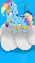 Size: 576x1024 | Tagged: safe, artist:crystal flame, imported from derpibooru, rainbow dash, pegasus, pony, leak, spoiler:g5, accessories, accessory, bracer, cloud, colored wings, female, fluffy, g5, g5 concept leak style, g5 concept leaks, hooves, jewelry, multicolored wings, rainbow, rainbow dash (g5 concept leak), rainbow dash (g5), rainbow wings, redesign, sky, solo, standing on a cloud, standing on cloud, tiara, wings