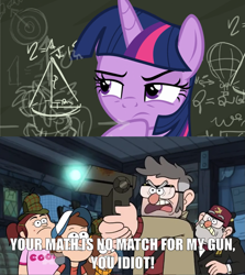 Size: 1663x1865 | Tagged: safe, edit, edited screencap, imported from derpibooru, screencap, twilight sparkle, alicorn, pony, sparkle's seven, caption, chalkboard, comic, dipper pines, dungeons dungeons and more dungeons, fancy mathematics, female, ford pines, glow, glowing, gravity falls, grenda, grunkle stan, gun, image macro, impact font, mabel pines, mare, math, meme, raised eyebrow, raised hoof, screencap comic, stanford pines, text, thinking, twilight sparkle (alicorn), weapon, written equestrian