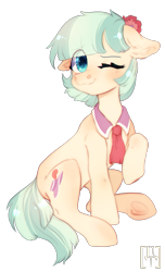 Size: 1829x3000 | Tagged: safe, artist:rizzych, imported from derpibooru, coco pommel, earth pony, pony, eye clipping through hair, female, floppy ears, high res, mare, one eye closed, raised leg, simple background, sitting, solo, transparent background, wavy mouth