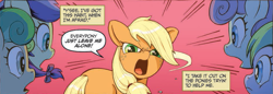 Size: 927x318 | Tagged: safe, artist:caseycoller, idw, imported from derpibooru, apple bumpkin, applejack, gala appleby, lavender fritter, red gala, earth pony, pony, spoiler:comic, spoiler:comic85, angry, apple family member, female, filly, filly applejack, foal, official comic, open mouth, red background, simple background, speech bubble, younger