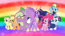 Size: 5360x3008 | Tagged: safe, artist:andoanimalia, imported from derpibooru, applejack, fluttershy, pinkie pie, rainbow dash, rarity, spike, twilight sparkle, alicorn, dragon, earth pony, pegasus, pony, unicorn, the last problem, absurd resolution, buff spike, gigachad spike, jewelry, looking at you, mane seven, mane six, older, older applejack, older fluttershy, older mane seven, older mane six, older pinkie pie, older rainbow dash, older rarity, older spike, older twilight, princess twilight 2.0, rainbow background, regalia, removed eyebag edit, twilight sparkle (alicorn), winged spike, wings