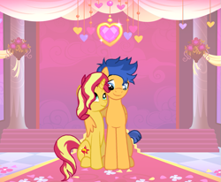 Size: 695x572 | Tagged: safe, artist:bc-ls, imported from derpibooru, flash sentry, sunset shimmer, pegasus, pony, unicorn, female, flashimmer, hug, looking at each other, male, mare, shipping, stallion, straight, winghug