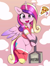 Size: 4708x6170 | Tagged: safe, artist:pabbley, imported from derpibooru, princess cadance, alicorn, pony, absurd resolution, belly button, box, cadance's pizza delivery, cheese pizza, chubby, clothes, cute, cutedance, delivery, ear fluff, female, flying, food, happy, implied anon, legs together, looking at you, mare, meat, open mouth, peetzer, pepperoni, pepperoni pizza, pizza, pizza delivery, question mark, shirt, socks, solo, spread wings, that pony sure does love pizza, thighs, thunder thighs, weapons-grade cute, wings