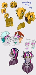 Size: 1280x2599 | Tagged: safe, artist:jolliapplegirl, imported from derpibooru, oc, oc:harlequin, oc:pierrot, oc:rem, oc:serendipity doo, changedling, changeling, draconequus, hybrid, pony, unicorn, albino changeling, changeling oc, compact horn, concept design, doodles, draconequus oc, goat eyes, high five, horizontal pupils, horn, interspecies offspring, next next generation, offspring, open mouth, parent:oc:anansi, parent:oc:chocolate cheesecake, parent:oc:sirius veil, parent:oc:sweet deal, parent:oc:toxic love, parent:unnamed oc, parents:oc x oc, smiling